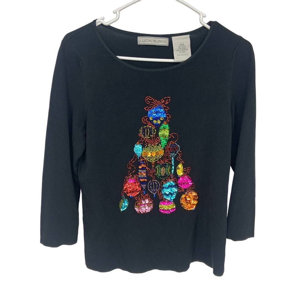 Lucia Burns Holiday Top Black Sequin Ornament Christmas Tree Fancy Size L